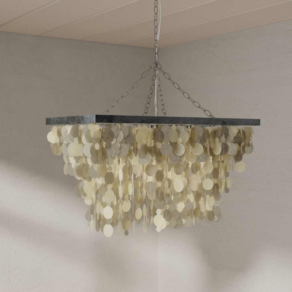 Rectangular Rain Drop Capiz Seashell Chandelier, Champagne
