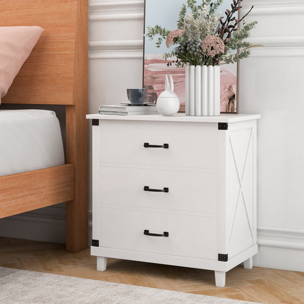 Wood 3-Drawer Nightstand, White, 28" Tall