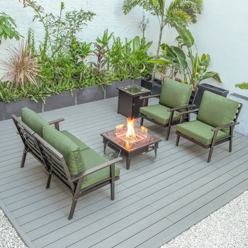 LeisureMod Walbrooke Patio Conversation Set With Fire Pit Table, Green