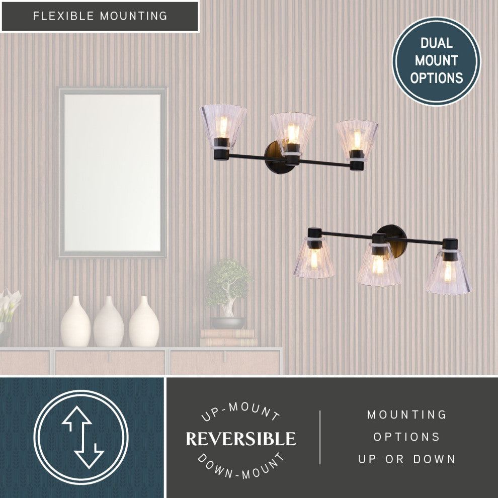 Dalton 25.5" 3-Light Matte Black Bathroom Vanity Fixture, Clear Glass Shade