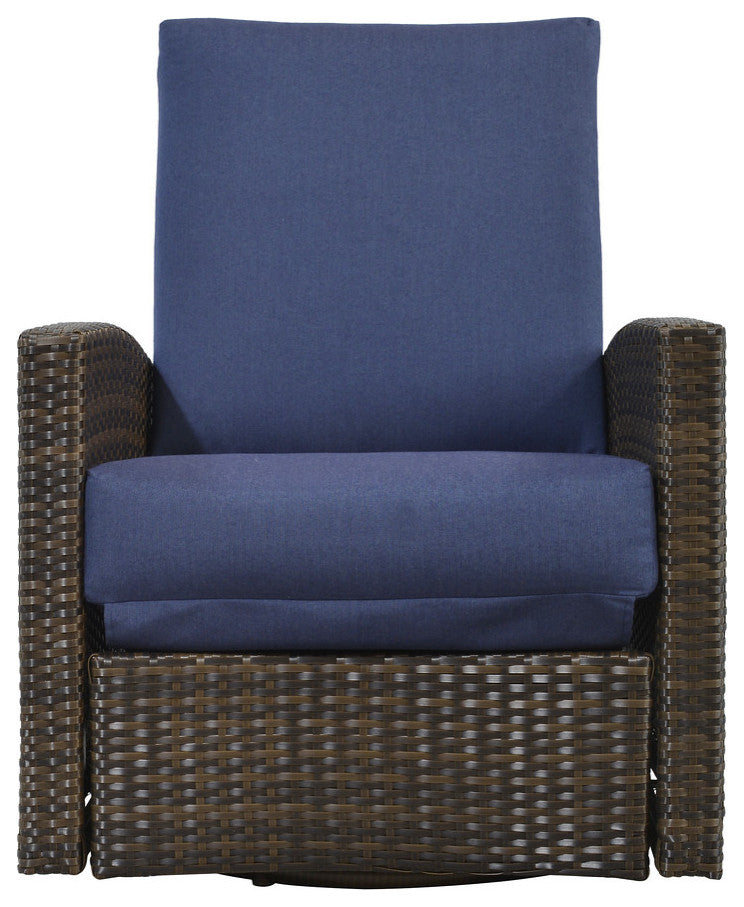 Del Mar Wicker Swivel Recliner, Brown and Navy with Sunbrella