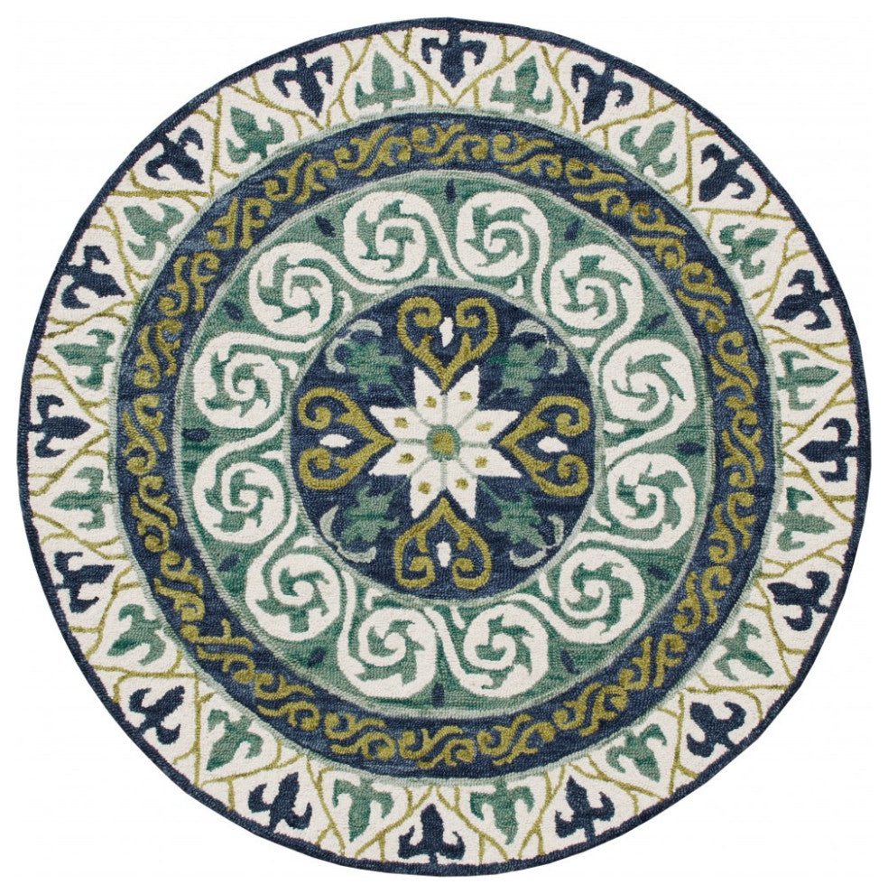 5' Round Blue and Green Ornate Medallion Area Rug