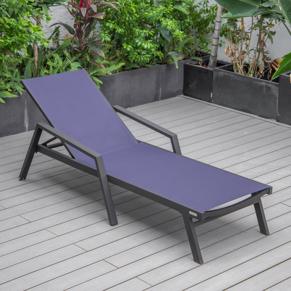 LeisureMod Marlin Outdoor Patio Stackable Chaise Lounge Chair With Armrests, Navy Blue
