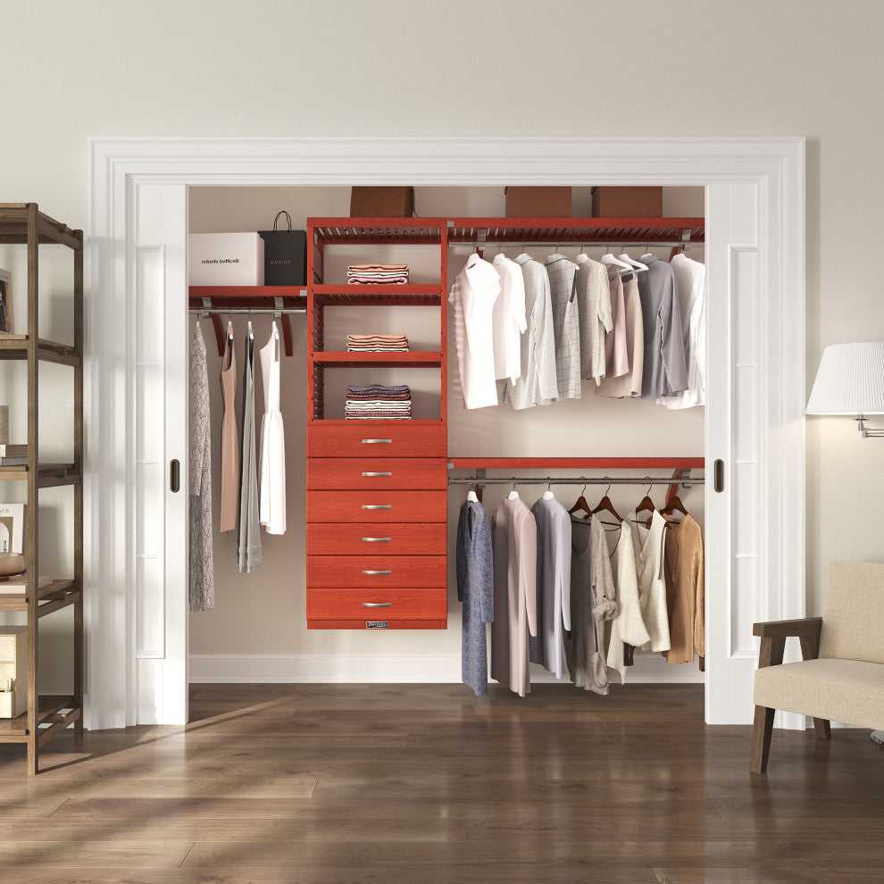 Solid Wood Walk-In Closet Organizer with 6-Drawers, Red Mahogany