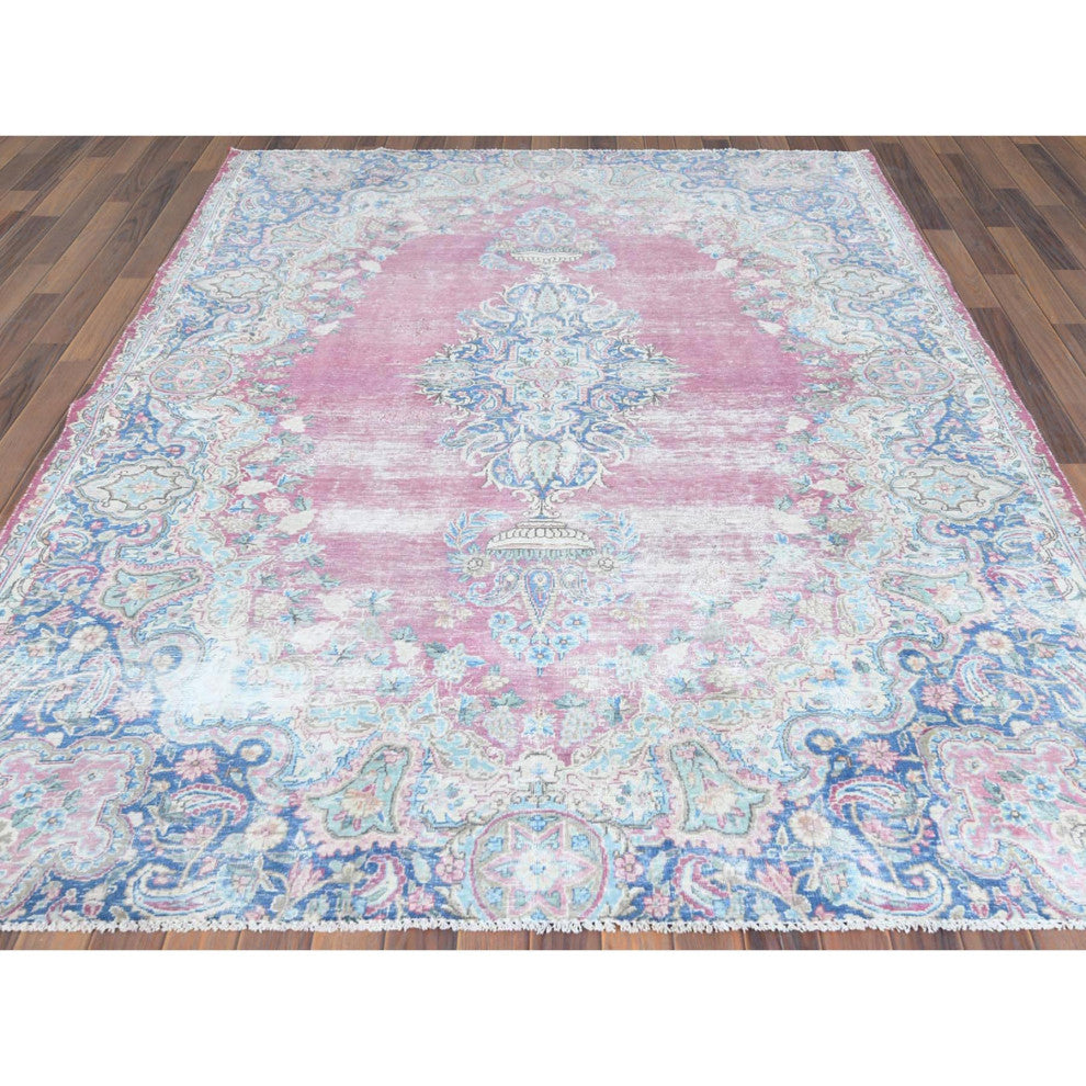 Vintage Persian Kerman, Worn Wool, Hand Knotted, Pink, Oriental Rug, 6'7" x 8'7"