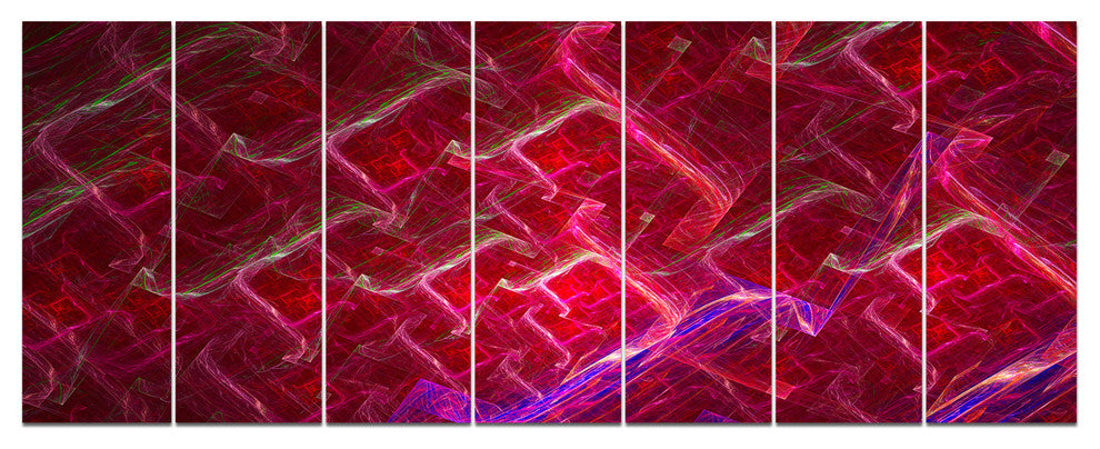 Red Fractal Electric Lightning, Abstract Art on Canvas, 83"x32", 7 Panels