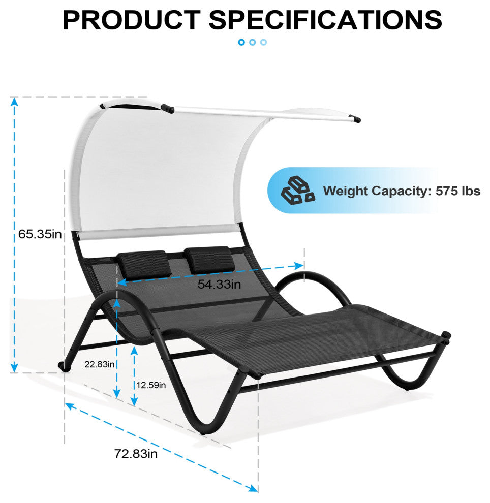 Patio Double Chaise Lounge, Outdoor Tanning Daybed Lounger, Black