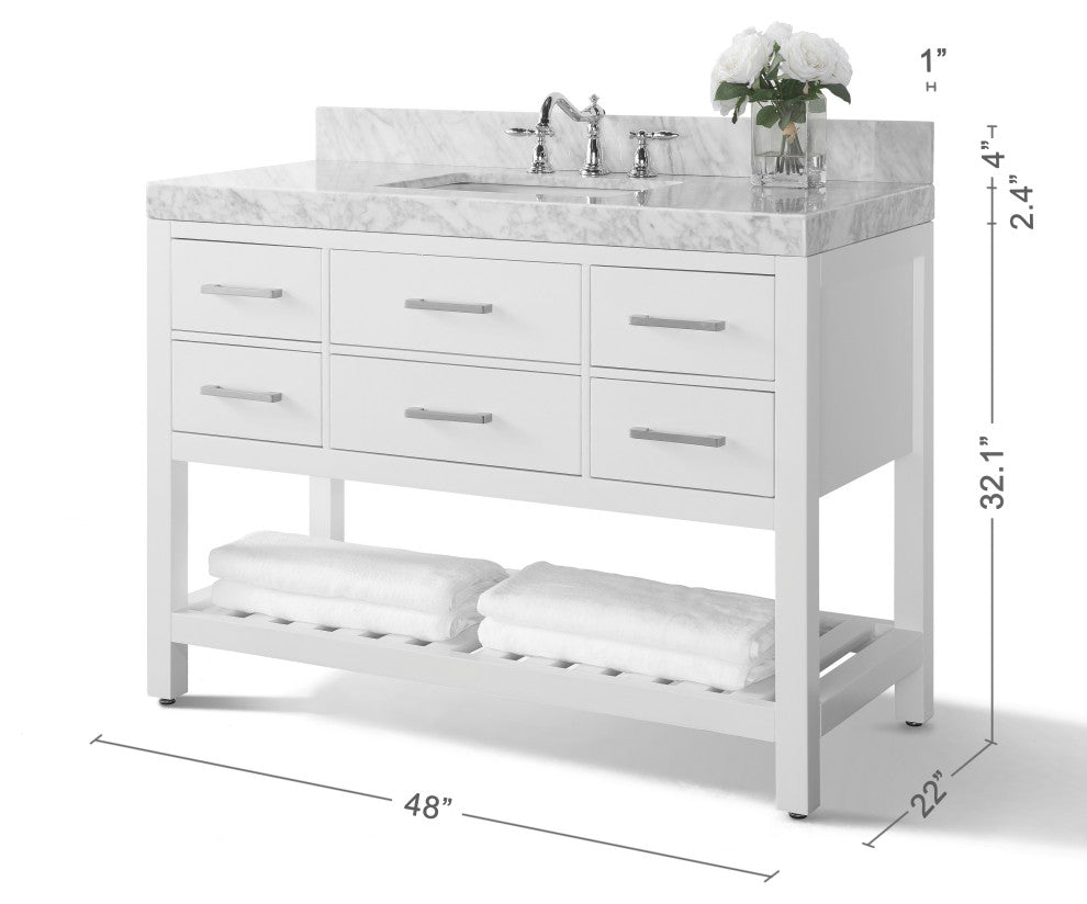 Arcadia Bath Vanity, White, 48", Brushed Nickel Hardware, Single, Freestanding