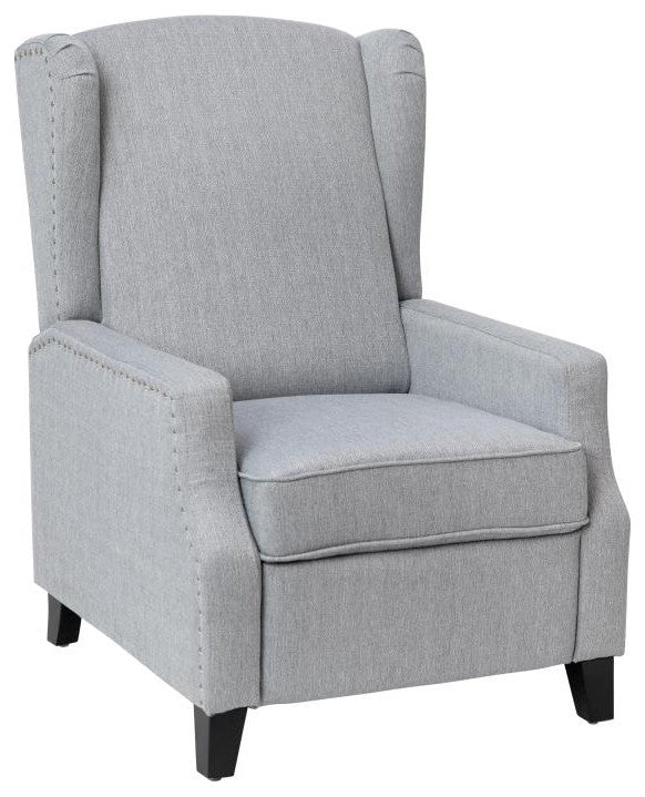 Prescott Push Back Wingback Recliner Chair- Fabric Upholstery-Accent Nail Trim, Gray
