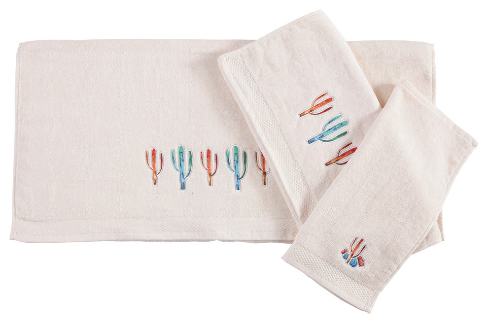 3-Piece Embroidered Cactus Towel Set, Cream