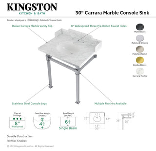 Kingston Brass LMS30MOQ7 30" Carrara Marble Console Sink, Legs