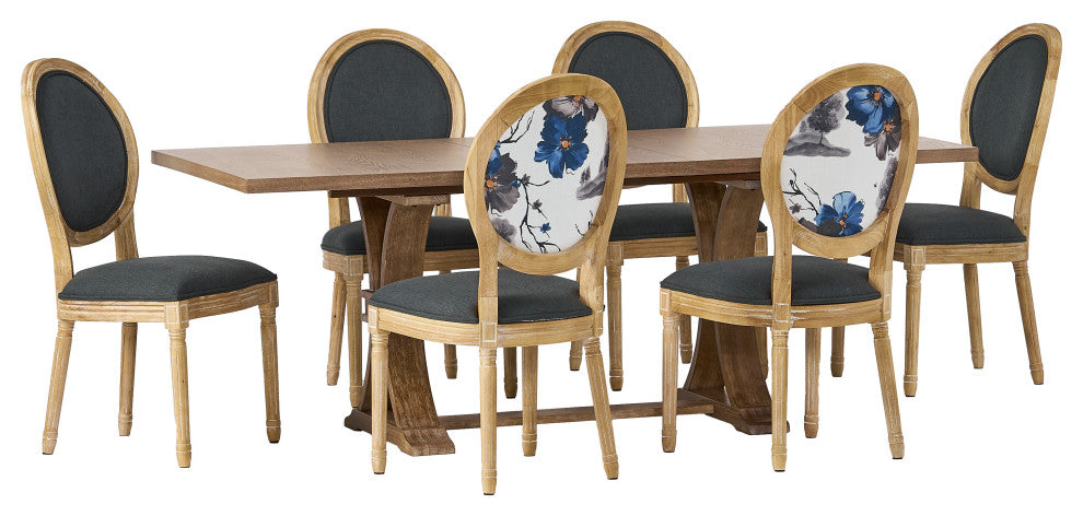 Dason French Country Fabric Upholstered Wood 7-Piece Dining Set, Dark Gray/Floral Print/Natural