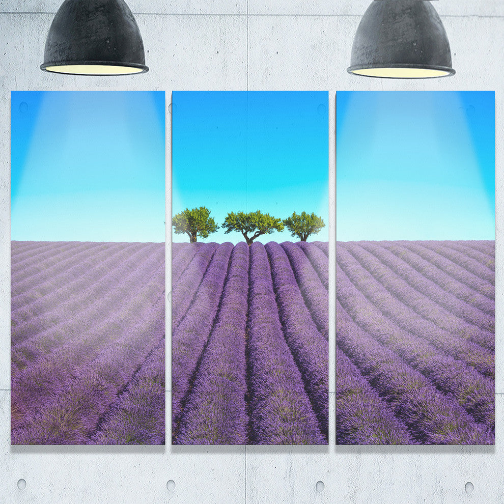 "Lavender Flowers and Uphill Green Trees" Metal Wall Art, 3 Panels, 36"x28"