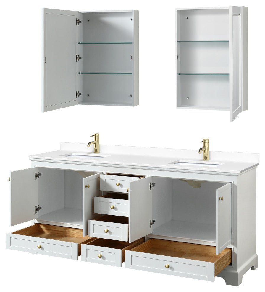 80"DBL Vanity White, White Cult. Marble Top, Sinks, Gold Trim, Med. Cabinets