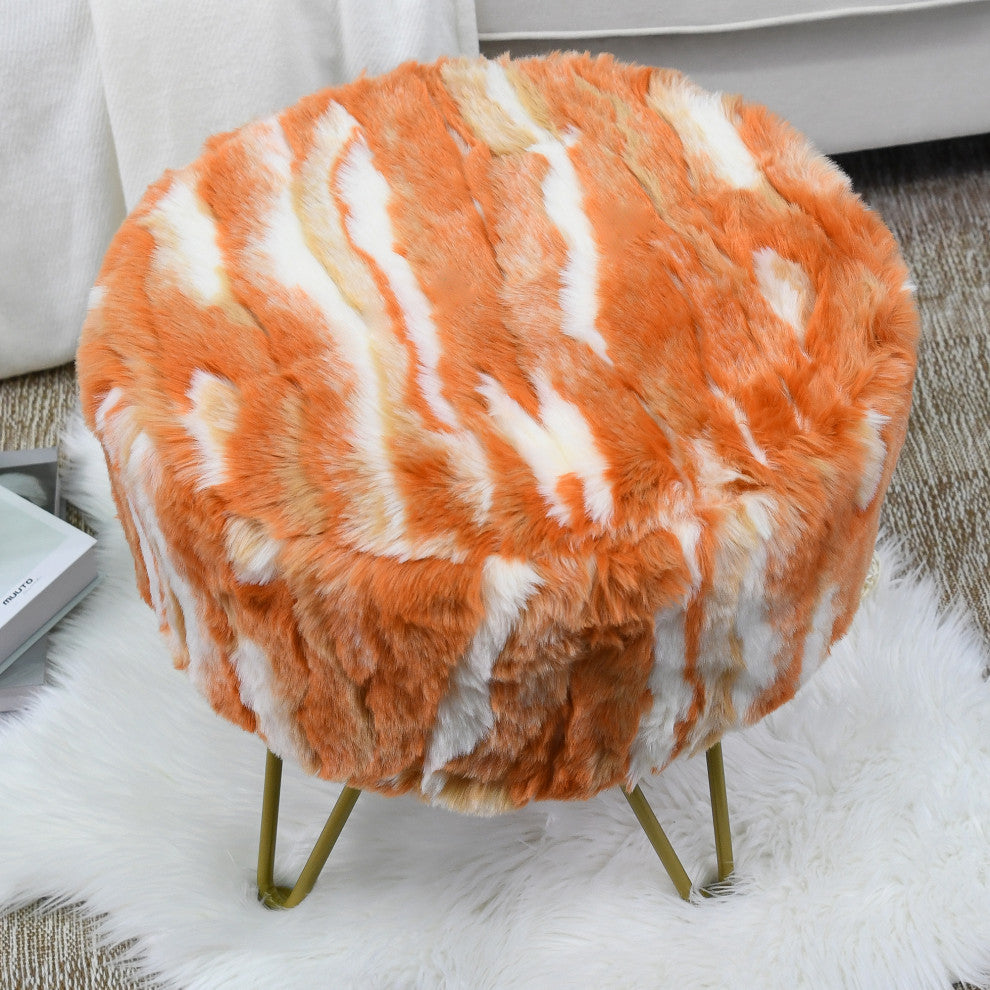 Fauxfur Ottoman Round Fuzzy Entryway Bench, Burnt Orange, 18"x18"x18"