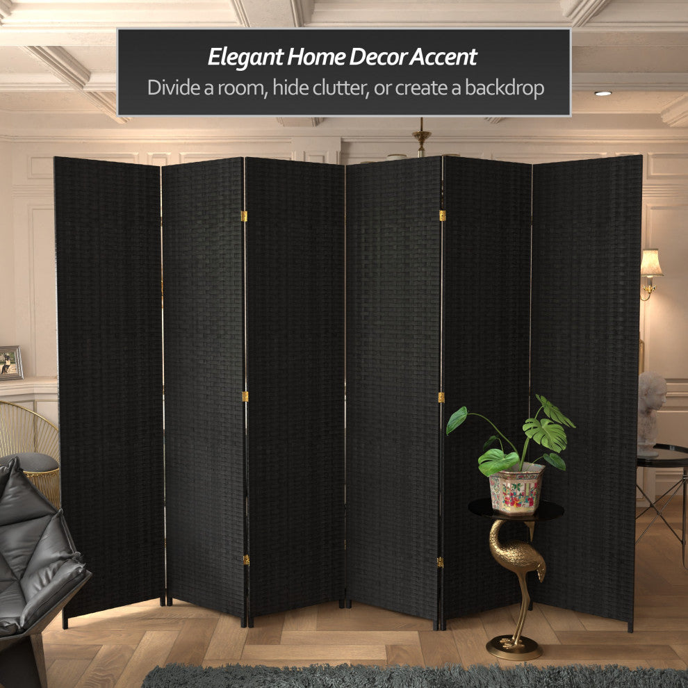 7' Tall Woven Fiber Room Divider, Black, 6 Panel