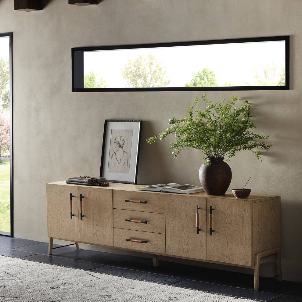 Rosedale Media Console Yucca Oak Veneer, Chaps Sand, Gunmetal