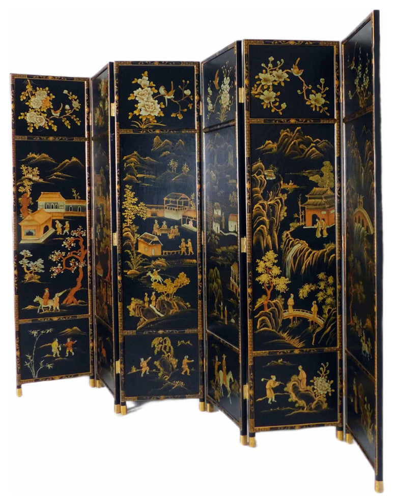 Oriental Folding Wooden Screen Chinese Landscape Painting, 6 Panels