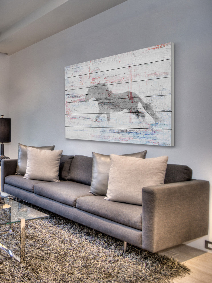 "Grey Horse Trot" Painting Print on White Wood, 24"x16"