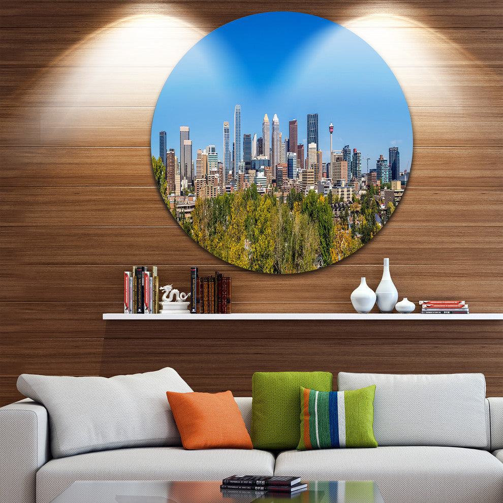 Calgary Skyline With Blue Sky, Photo Cityscape Disc Metal Wall Art, 23"