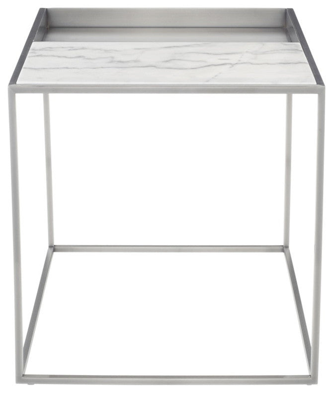 Corbett Modern Side Table, Brushed Stainless Steel End Table, White Marble Top