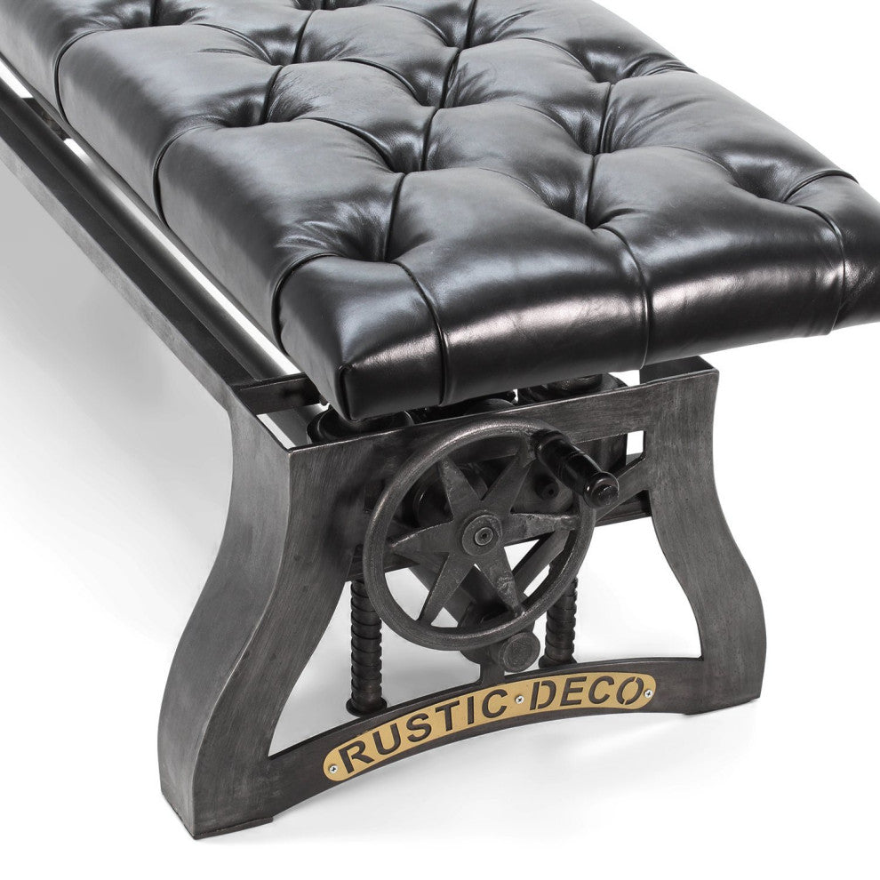 Crescent Industrial Dining Bench - Adjustable Iron Base - Black Leather Seat