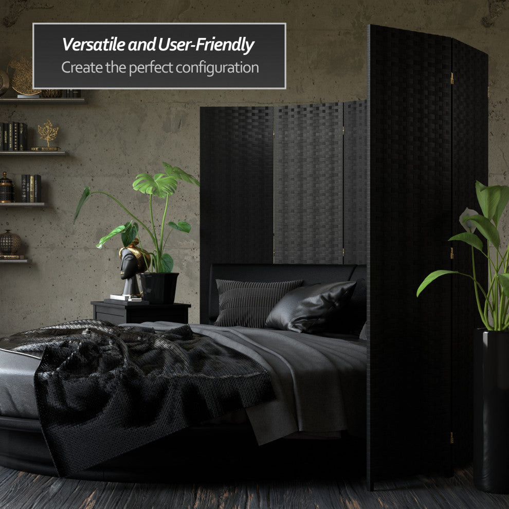 6'' Tall Woven Fiber Room Divider, 4 Panel, Black