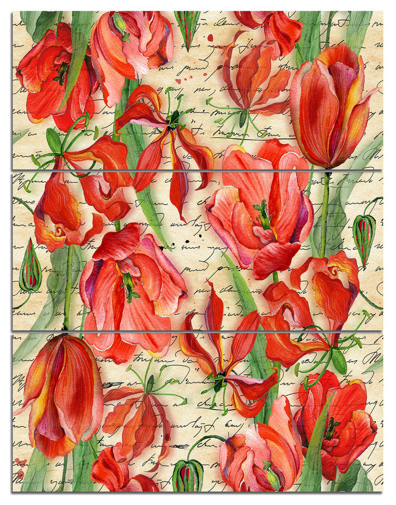 "Seamless Red Flower Pattern" Metal Wall Art, 3 Panels, 28"x36"