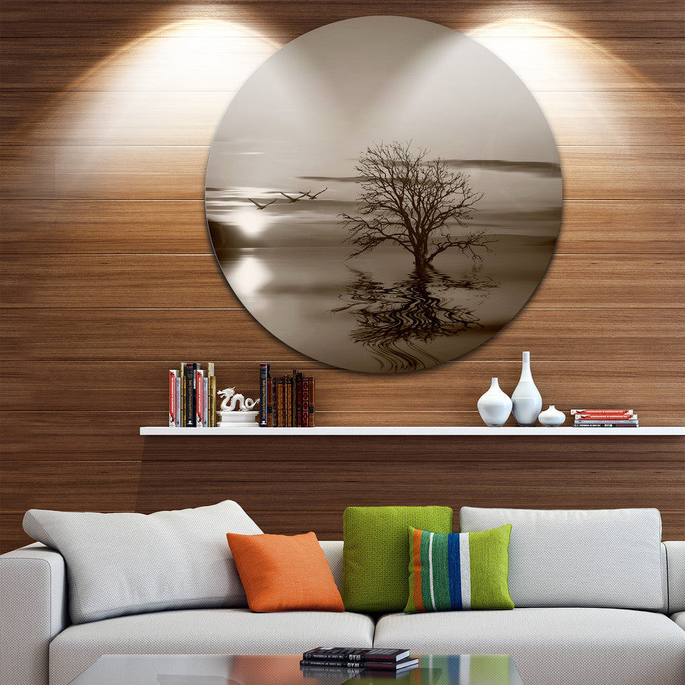 Flying Birds And Lonely Tree, Round Wall Art Landscape, 23"