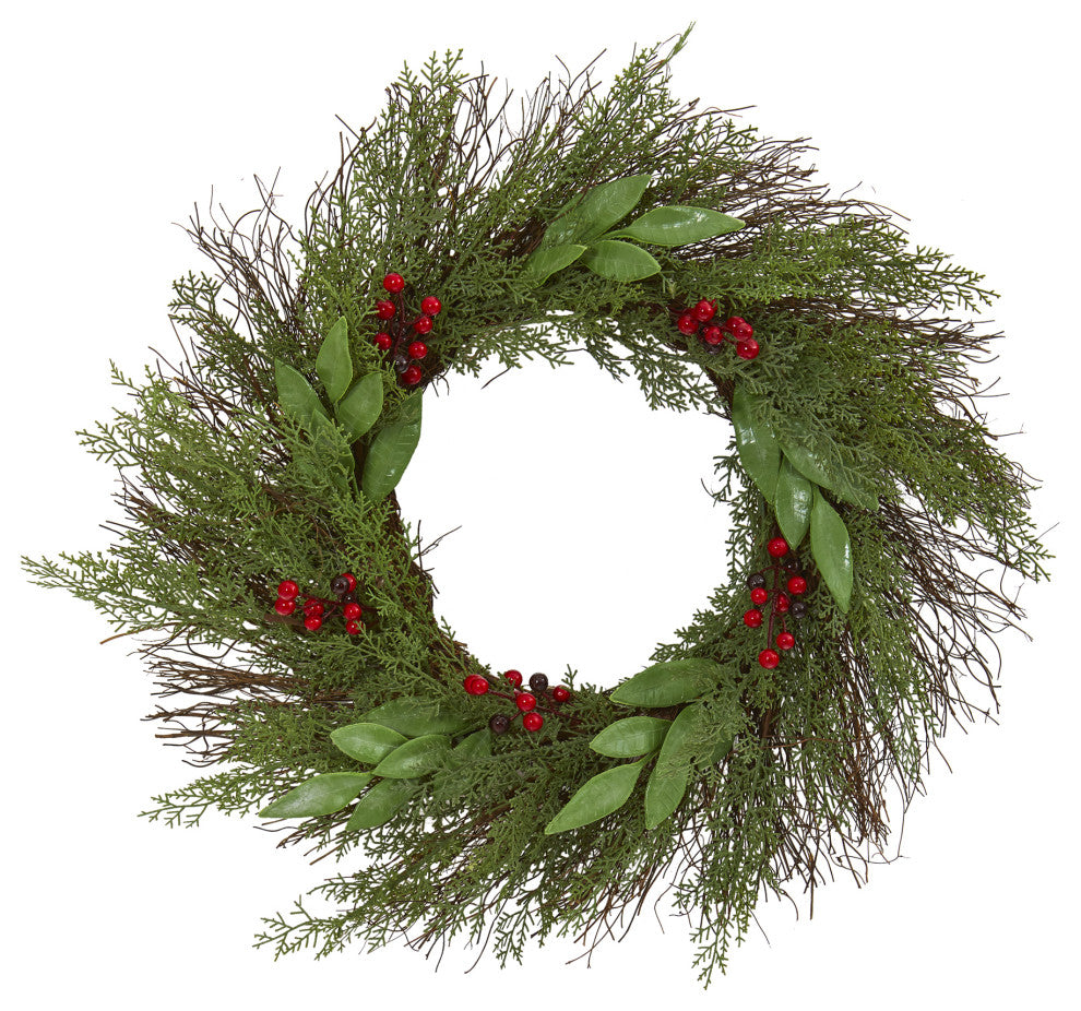 Nearly Natural NN4362 20" Cedar and Ruscus With Berries Artificial Wreath