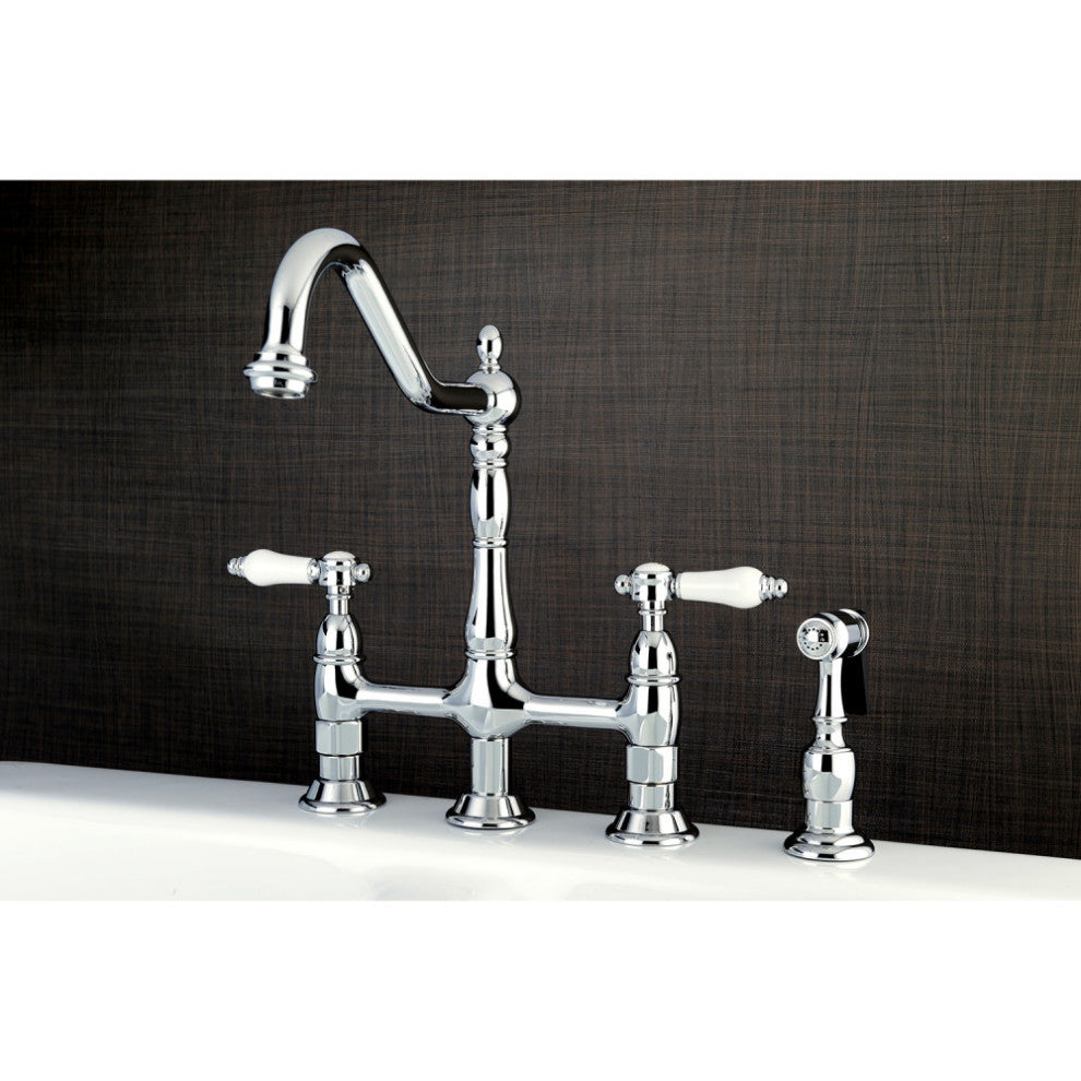 Kingston Brass Bridge Kitchen Faucet With Brass Sprayer, Polished Chrome