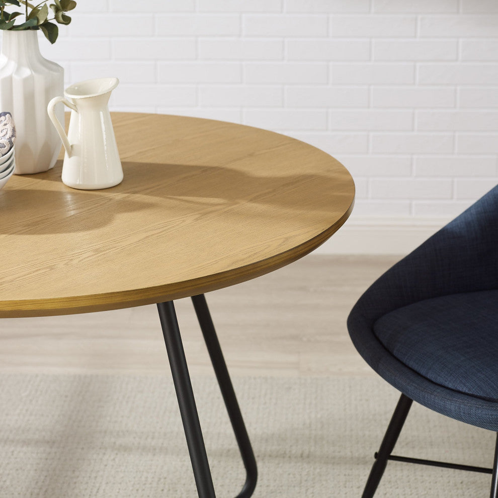 Modern Dining Table, Crossed Black Metal Base & Round English Oak Finished Top