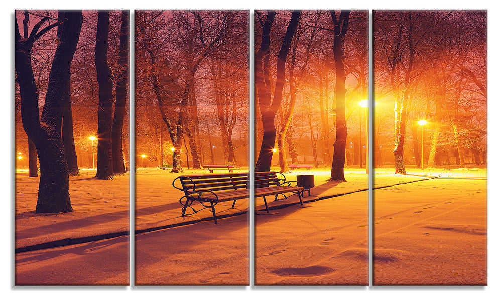 Benches Covered in Winter Snow, Landscape Canvas Art Print, 48"x28", 4 Panels