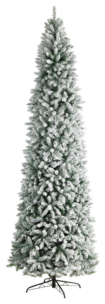 10' Slim Flocked Montreal Fir Artificial Christmas Tree, 800 White LED Lights