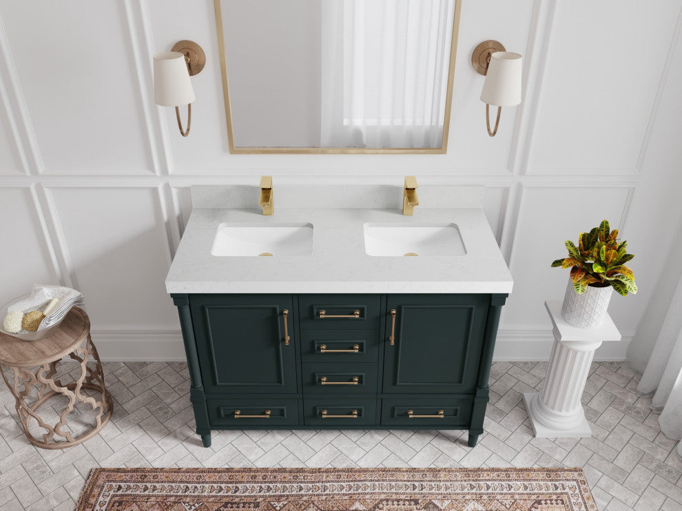 Aberdeen 48" Double Sink Bath Vanity in Dark Forest Green 2" Carrara Quartz