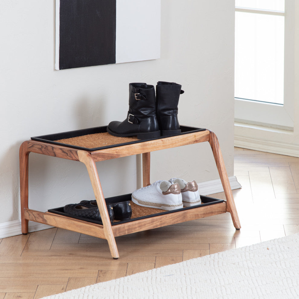 Double-Tier Natural Stand With 2-Pair Rubber Boot Trays Smoked Oak