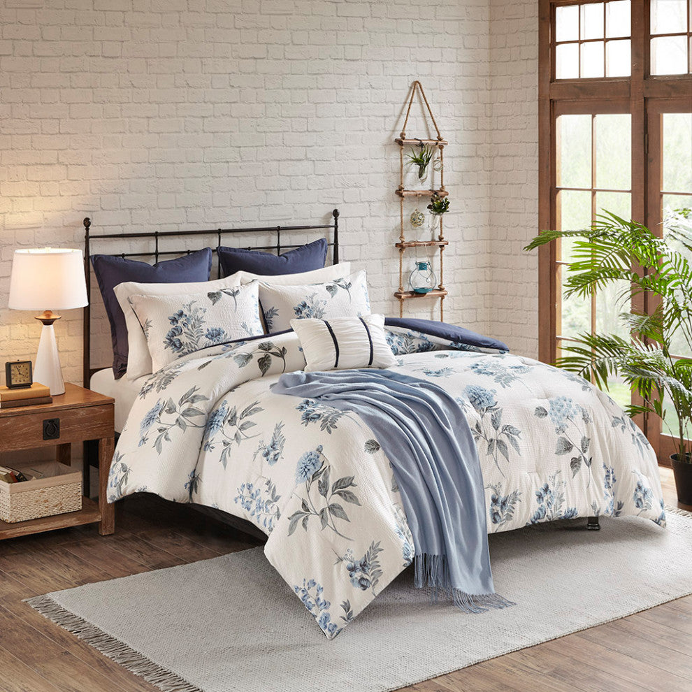 Madison Park Zennia Watercolor Flora 7-Piece Comforter Set, Blue