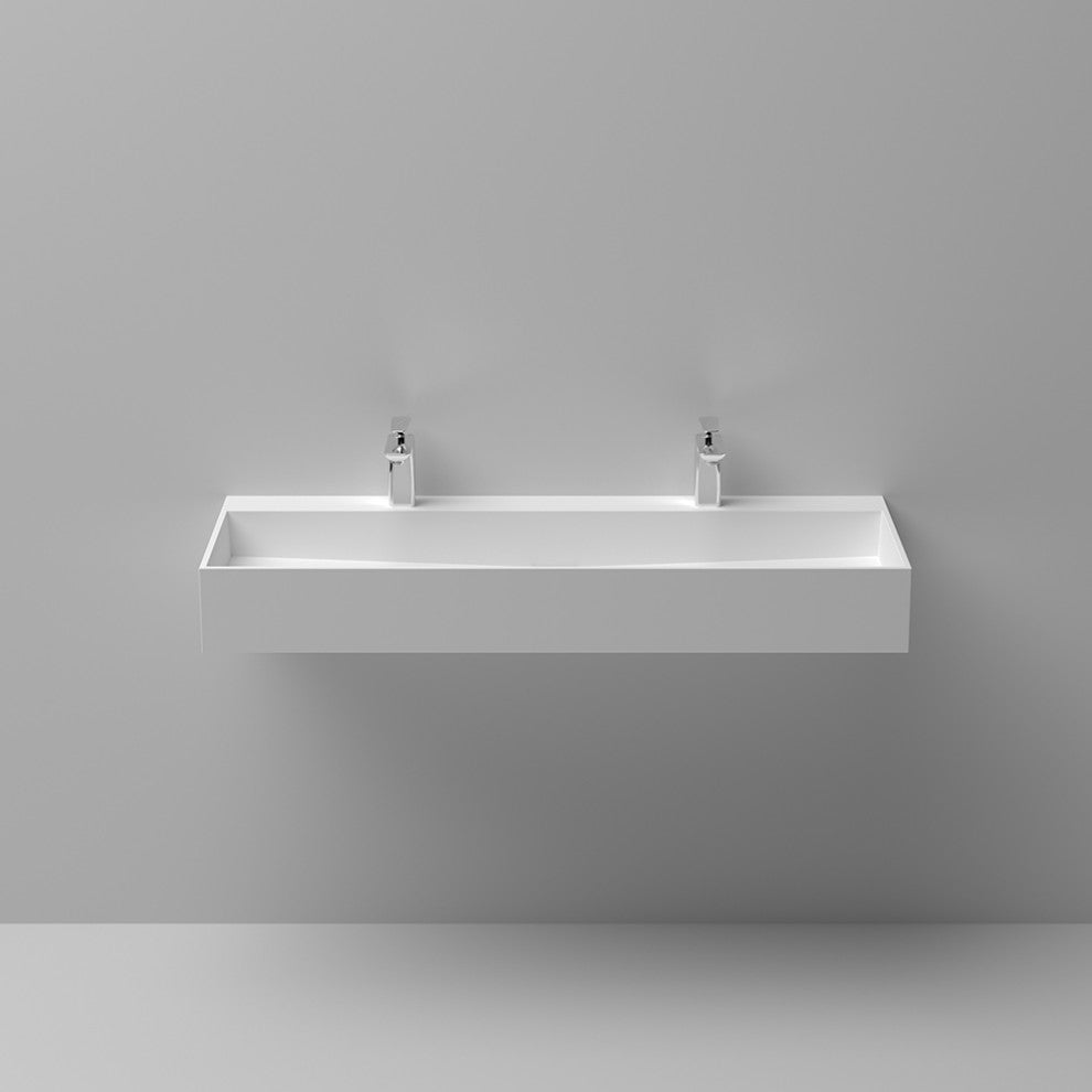 47 Inch Wall-Mount Double Sink Stone Resin Floating Trough Bathroom Sink, Glossy White