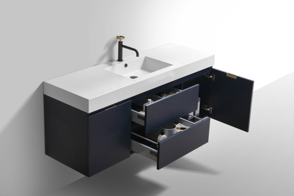 Bliss 60" Single Sink Blue Wall Mount Modern Bathroom Vanity