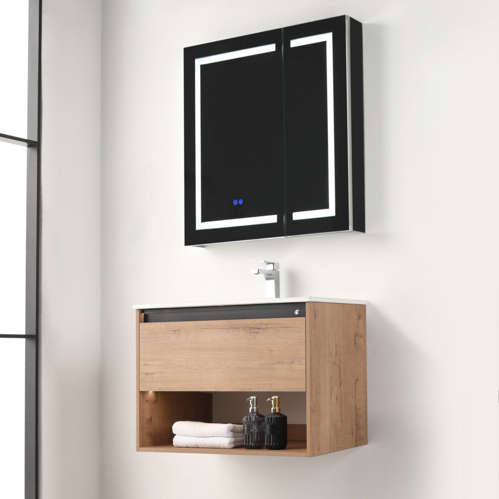 Wall Mounted Bathroom Vanity and Sink, Classic Oak, 30'' Ceramic