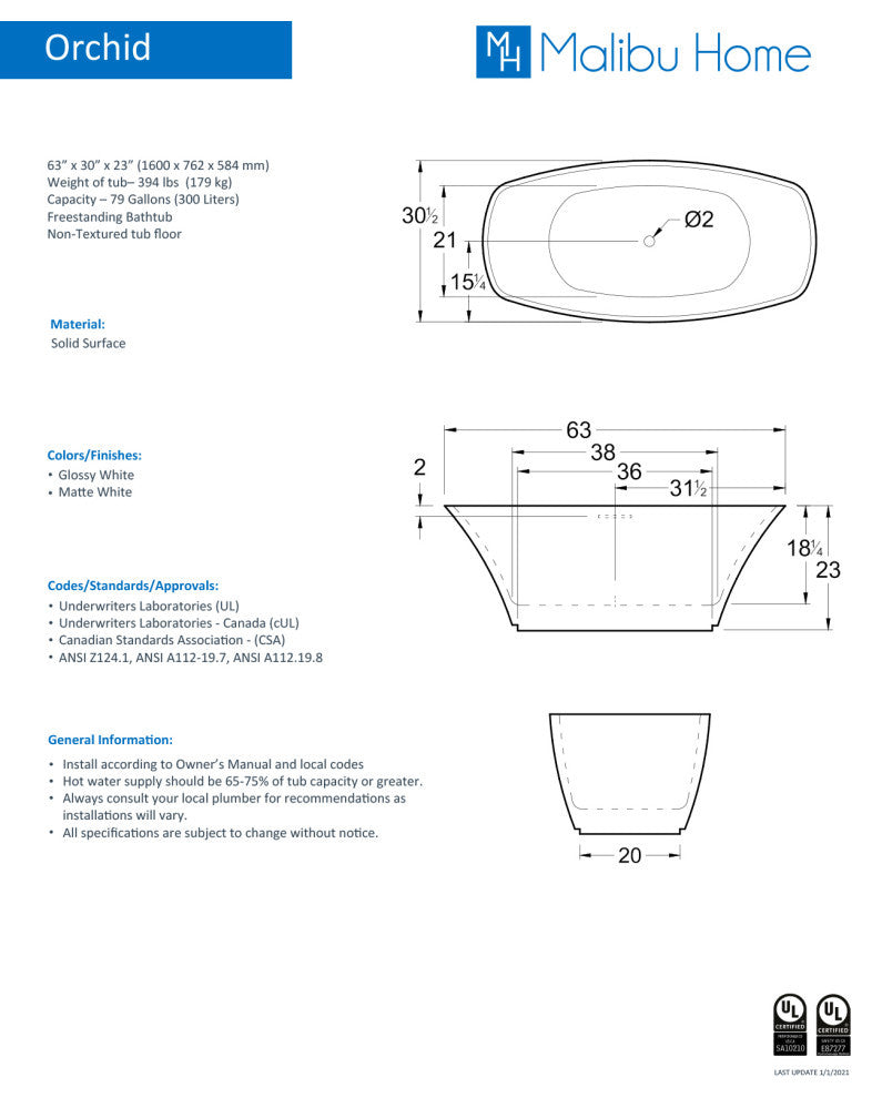 Malibu Orchid Rectangle Soaking Bathtub 63x30x23 Matte White