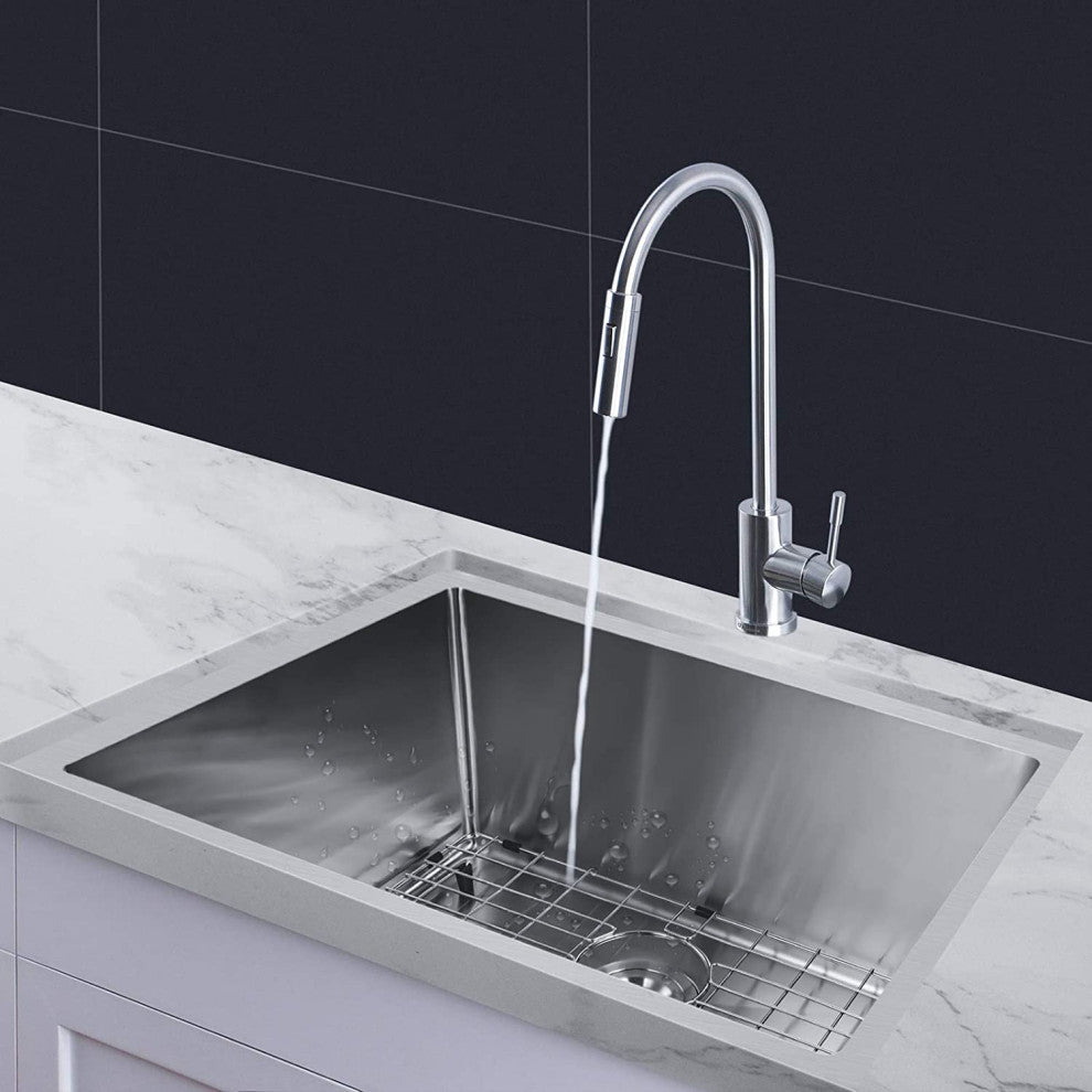 Stainless Steel Undermount Single Bowl Kitchen Sink with Accessories, Silver, 24