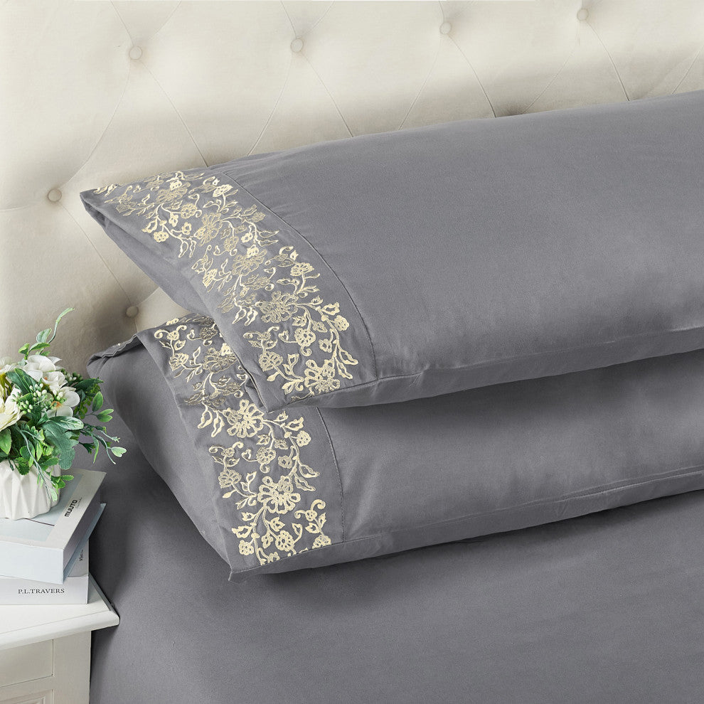 Serenta Lei Embroidered 4 Piece Bed Sheet Set, Silver Gray, Queen