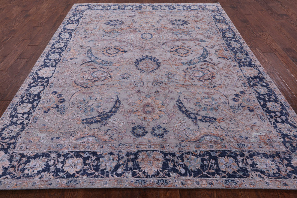 8' 0" X 10' 1" Persian Sickle Leaf Design Hand Knotted Wool and Silk Rug Q7095