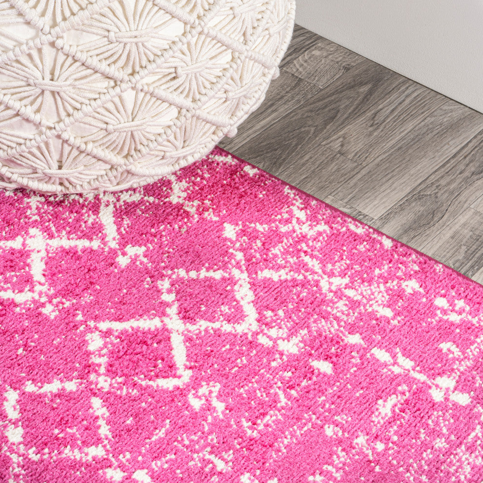 Moroccan HYPE Boho Vintage Diamond Runner Rug, Fuchsia/Ivory, 2 X 8