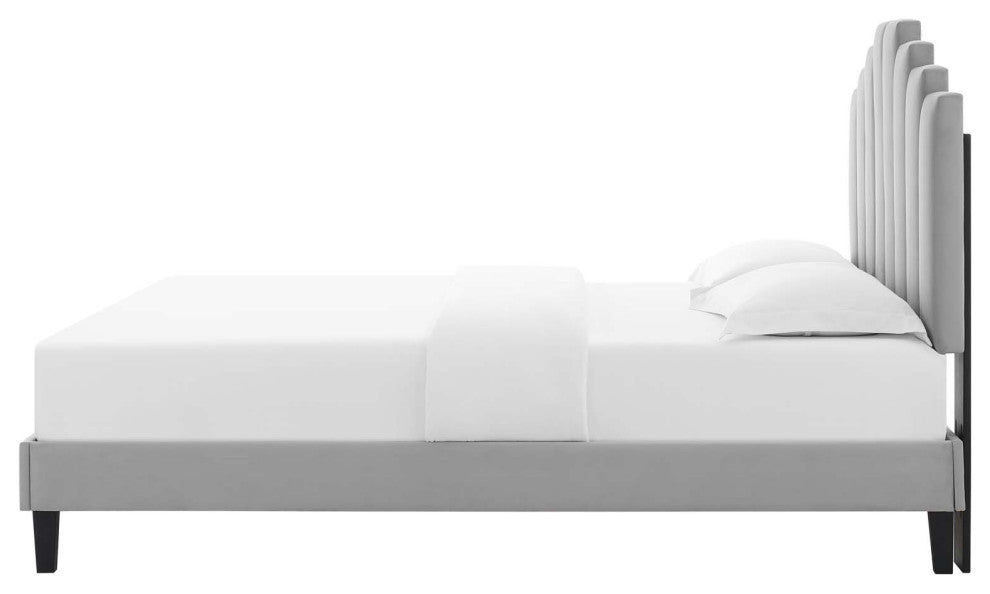 Platform Bed Frame, King Size, Velvet, Light Gray, Modern Contemporary