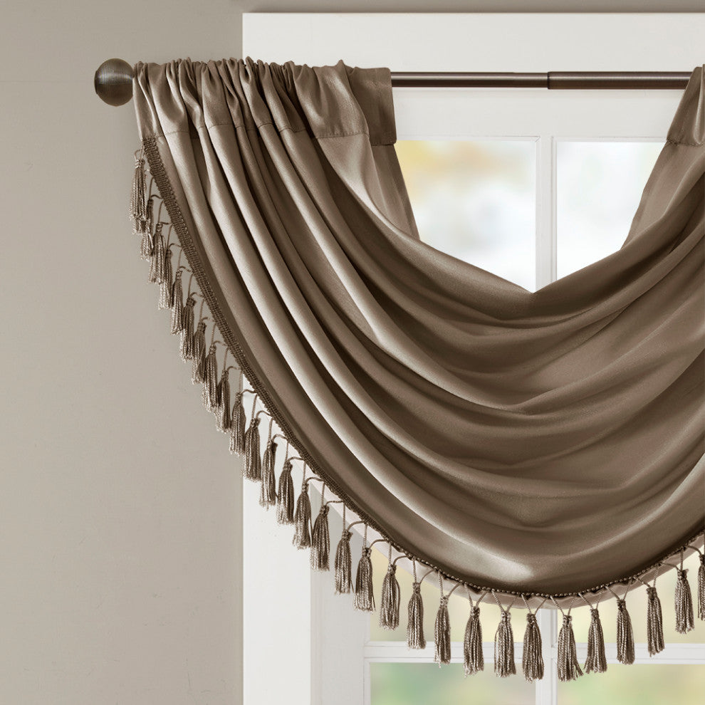 Madison Park Elena Silky Sheer Window Valance with Tassels, Bronze, Bronze