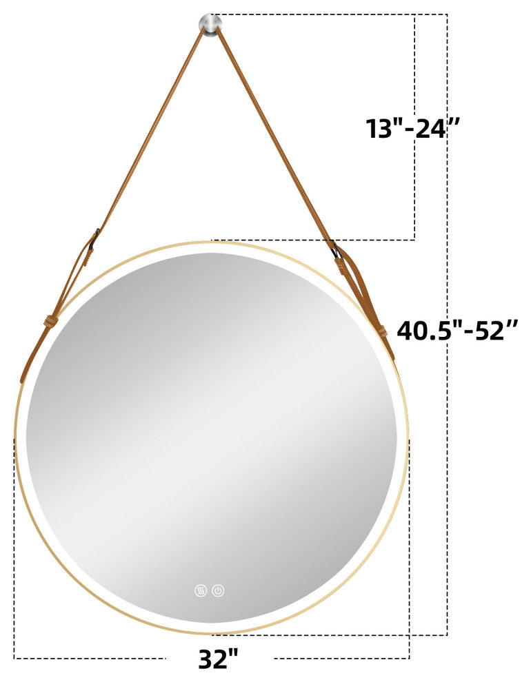 Round Framed Anti-Fog Dimmable Rope Hanging LED Bathroom Vanity Mirror, Godl, 32"32"
