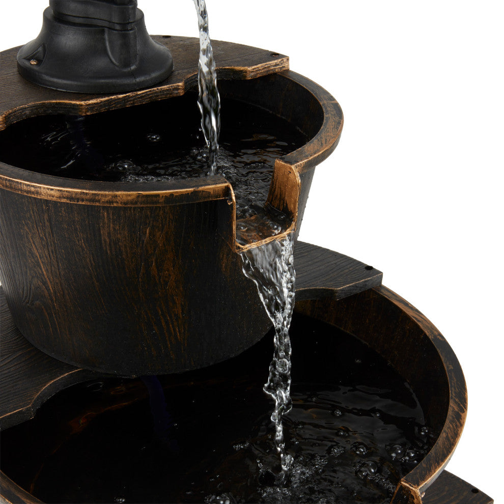 40" Tall Outdoor 3-Tier Barrel Pump Waterfall Fountain, Brown