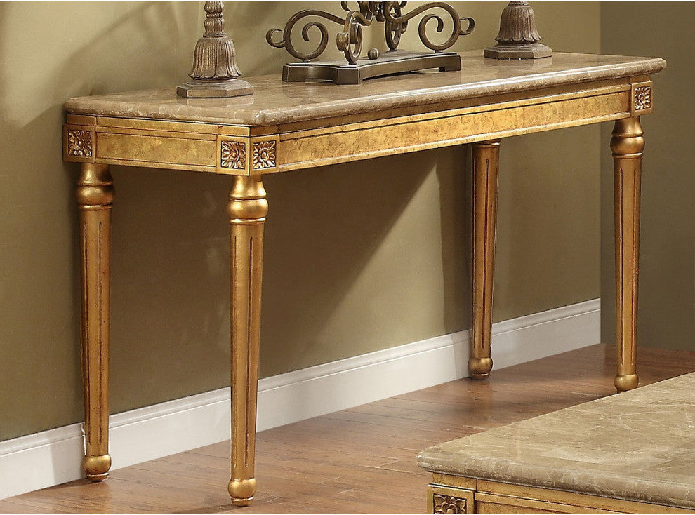 Benzara BM185786 Marble Top Sofa Table With Fluted Detail Turned Legs, Gold
